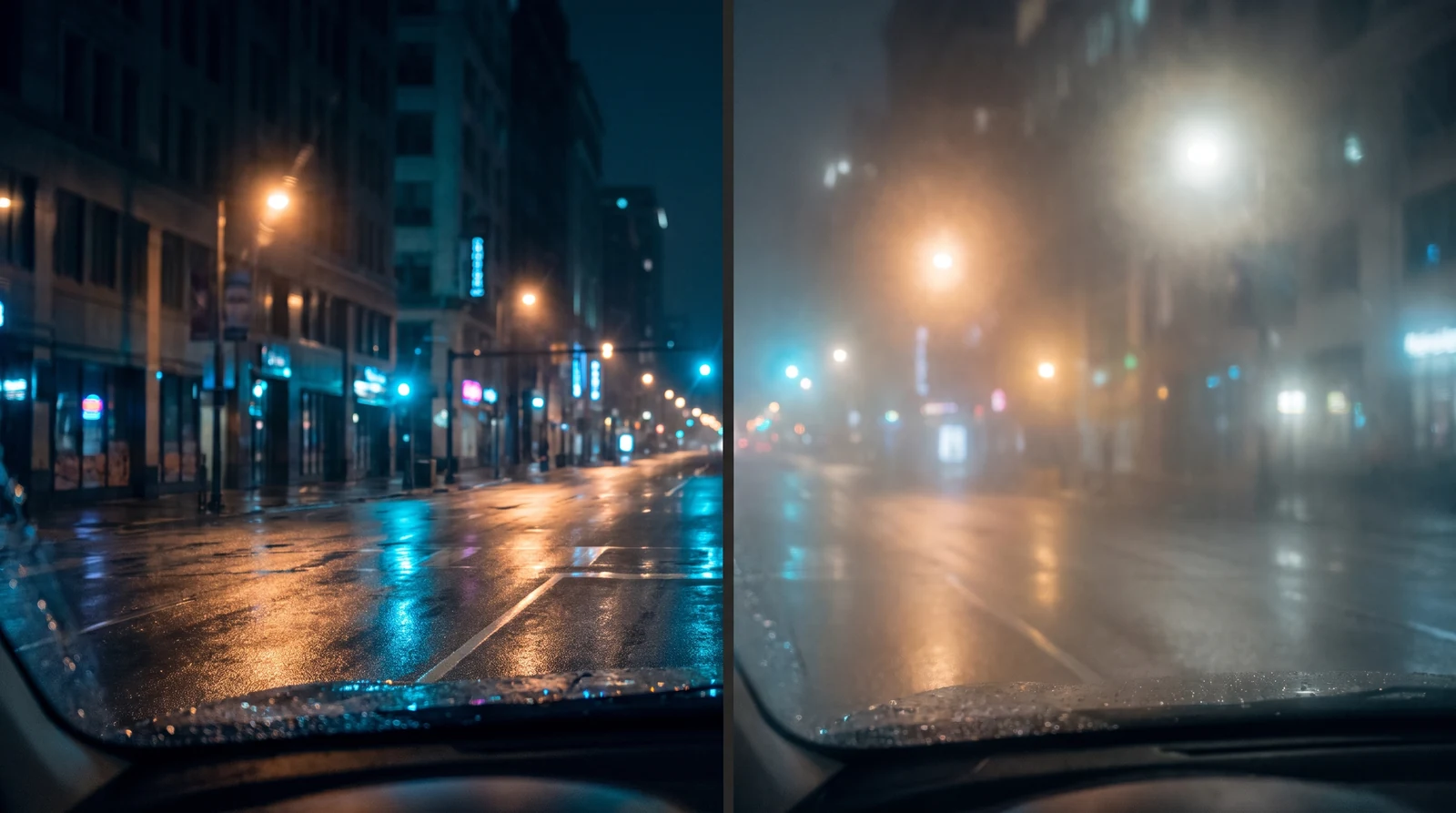 Comparação entre visão nítida e visão com halos e névoa causados pela catarata